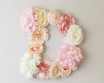 Fleur lettre D lettres florales personnalisées pour chambre de bébé, décoration shabby chic, lettre fleur rose, numéro d'anniversaire, grandes initiales florales