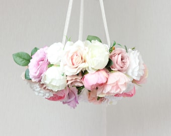 Rose baby mobile/ baby mobile floral/ Rustic Flower Baby/ woodland mobile/ woodland nursery girl flower/ baby flower pink/ baby girl mobile