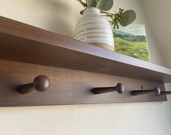 Handmade Wooden Wall Shelf with Pegs: Entryway Coat Rack with Hooks