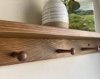 Wall Shelf with Pegs: Entryway Coat Rack/Wall Shelf with Hooks/Entryway Shelf/Shaker Peg Shelf/Bathroom Shelf with Pegs
