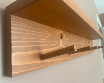 Solid Pine Angled Peg Shelf: Entryway Coat Rack, Bathroom Towel Holder