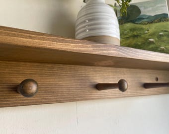 Handcrafted Solid Pine Peg Shelf: Entryway Coat Rack/Wall Shelf with Hooks/Entryway Organizer Shelf/Shaker Peg Shelf/Bathroom Towel Shelf