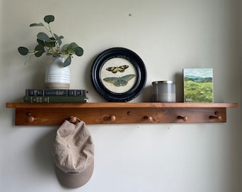 May include: A wooden shelf with a row of pegs, holding a vase with greenery, books, a framed butterfly print, a candle, and a small painting. A tan baseball cap hangs from a peg below.
