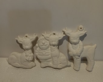 Set of 3 Softy Deer with Santa 3" tall Ready to Paint Ceramic Bisque