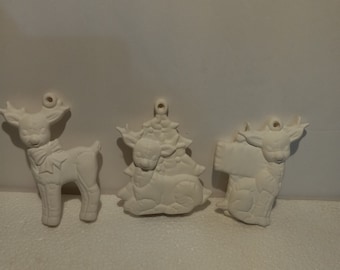Set of 3 Softy Reindeer Ornaments Ready to Paint Ceramic Bisque