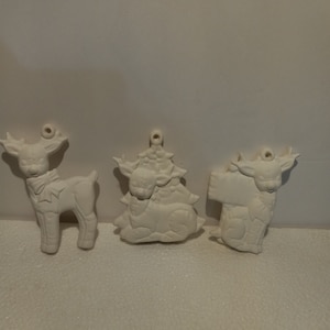 Set of 3 Softy Reindeer Ornaments Ready to Paint Ceramic Bisque