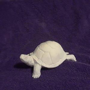 May include: A white ceramic turtle figurine with a detailed shell and legs. The turtle is posed as if it is walking.
