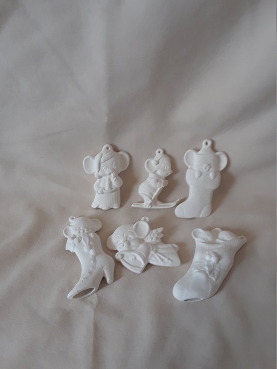 FREE SHIPPING Mice Ornaments Asst #4 set of 6 ready to paint ceramic bisque
