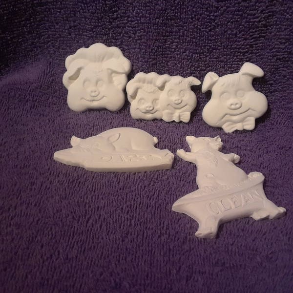 set of 5 pig magnets ready to paint ceramic bisque