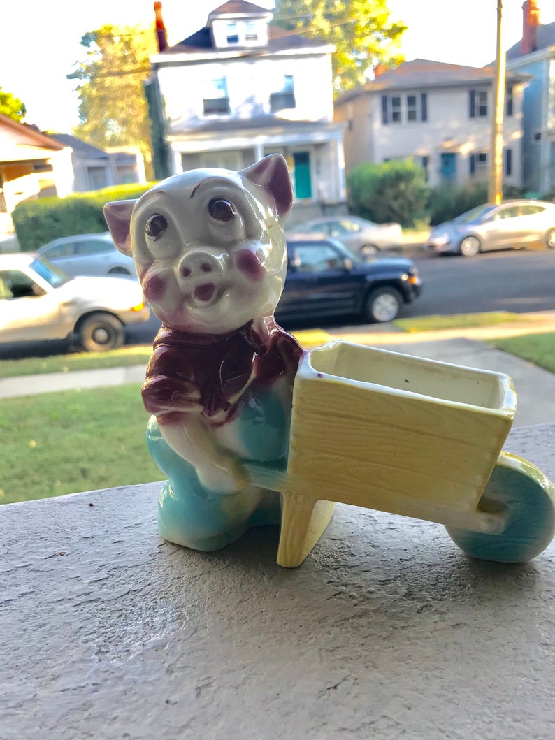 Pig with wheel barrow vintage planter