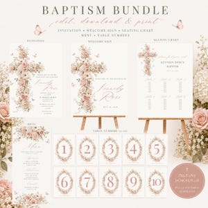 May include: A baptism bundle featuring an invitation, welcome sign, seating chart, menu, and table numbers 1-10. Each item displays a floral cross design in soft pink and white tones with butterfly accents and elegant serif typography.