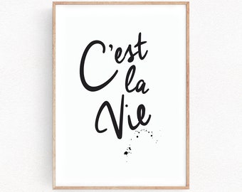 Puede incluir: Una impresión en blanco y negro con la frase francesa "C'est la Vie" en una fuente cursiva. La impresión tiene un fondo blanco y un marco negro.