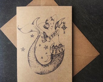 Mermaid Line Drawing Greeting Card (Blank)
