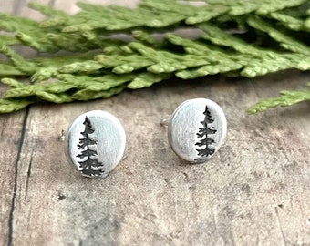 Pine Tree and Moon Stud Earrings, Tree Earrings, Full Moon Earrings