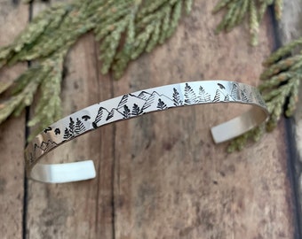 Mountain and Tree Bracelet, Hand Stamped, Sterling Silver, Mountain, Pine and Bird Cuff Bracelet