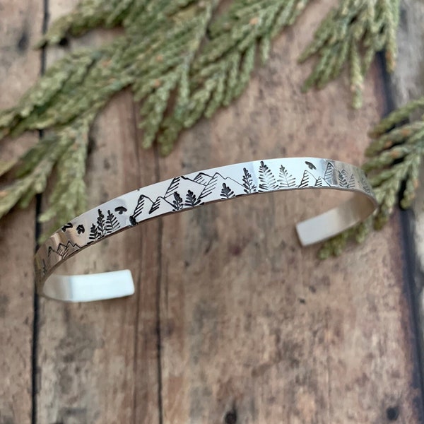 Mountain and Tree Bracelet, Hand Stamped, Sterling Silver, Mountain, Pine and Bird Cuff Bracelet