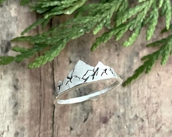 Mountain Ring, Hand Cut, Sterling Silver, Layered Mountain Stacking Ring, Size 8 Ring