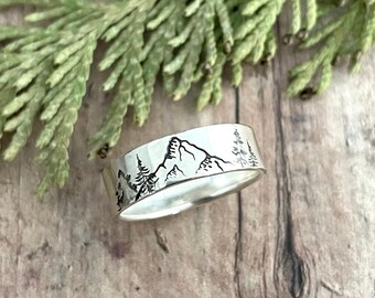 Mountain and Tree Ring, Mt Hood and Pine Tree Wide Ring Band