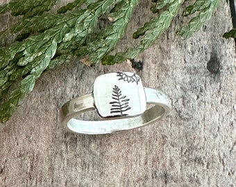 Pine Tree and Sun Ring, Hand Stamped Nature Ring, Pine Trees and Sun Hiking Ring