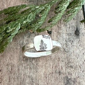 Pine Tree and Sun Ring, Hand Stamped Nature Ring, Pine Trees and Sun Hiking Ring image 1