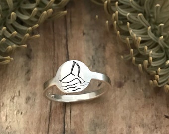 Whale or Mermaid Tail Ring, Hand Stamped, Sterling Silver, Whale Tail Circle Ring