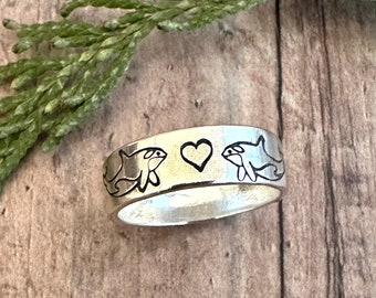 Orca Love Ring, Sterling Silver, Hand Stamped, Whale and Heart Ring