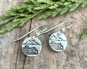 Ferry Boat and Island Earrings, Hand Stamped, Sterling Silver Boat and Mountain Earrings