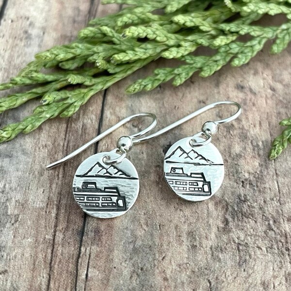 Ferry Boat and Island Earrings, Hand Stamped, Sterling Silver Boat and Mountain Earrings