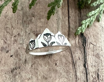 Mountain and Tulip Ring, Hand Cut Mountain Range and Flower Ring