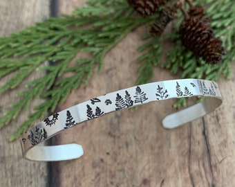 Tree Bracelet, Hand Stamped, Sterling Silver, Pine Tree, Sun and Bird Cuff Bracelet