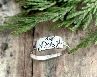 Bague montagne, arbre et soleil, estampée à la main, argent sterling, bague nature