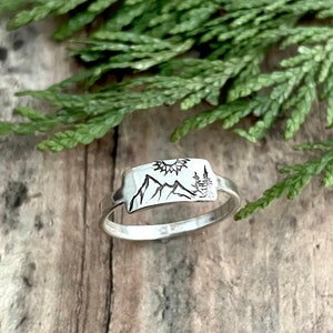 Mountain, Tree and Sun Ring, Hand Stamped, Sterling Silver, Nature Ring