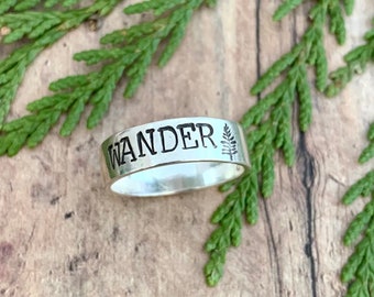 Wander and Pine Tree Ring, Hand Stamped, Sterling silver Pine Tree and Wander Ring