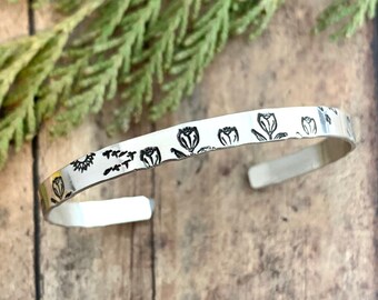 Tulip and Birds Cuff Bracelet, Hand Stamped, Sterling Silver Tulip Fields Bracelet