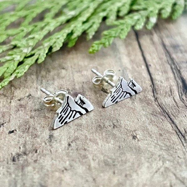 Mountain Stud Earrings, Hand Cut, Sterling Silver, Mountain Earrings