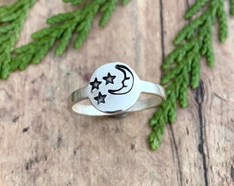 Crescent Moon and Stars Ring, Hand Stamped Celestial Ring