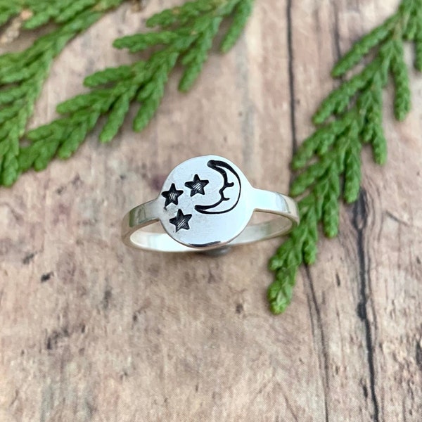 Crescent Moon and Stars Ring, Hand Stamped Celestial Ring