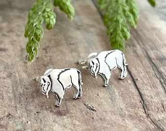 Bison, Buffalo Stud Earrings, Sterling Silver, Hand Cut, Yellowstone Bison Earrings