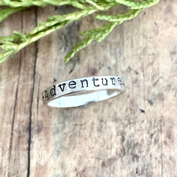 Adventure Ring, Hand Stamped, Sterling Silver, Stackable Word Ring