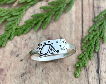 Camping Ring, Hand Stamped Sterling Silver Tent, Moon and Stars Camping Ring