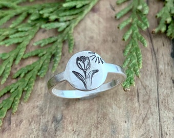 Tulip and Sun Ring, Hand Stamped, Sterling Silver Circle Ring with Tulip and Sun