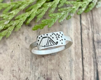 Tent Camping and Shooting Star Ring, Hand Stamped, Sterling Silver, Camping and Star Ring