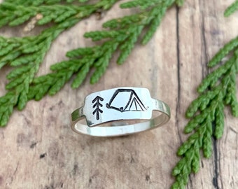 Camping and Pine Tree Ring, Hand Stamped, Sterling Silver, Camping Tent and Stick Pine Tree Ring