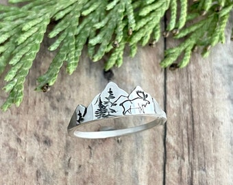 Mountain, Tree and Moose Ring, Hand Cut and Stamped, Sterling Silver Pine Tree, Mountain Range and Moose Ring, Size 8 Ring