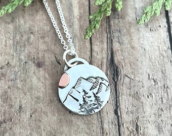 Mountain, Tree and Sun Necklace, Sterling Silver and Copper Nature Friendship Necklace