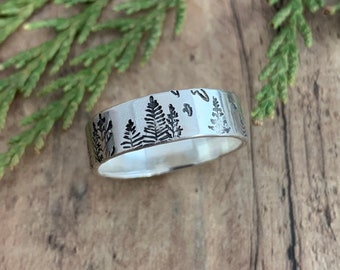 Tree Ring, Hand Stamped, Sterling Silver, Pine Tree, Sun and Bird Wide Ring Band