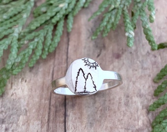 Pine Trees and Sun Ring, Hand Stamped, Sterling Silver Pine and Sun Circle Ring