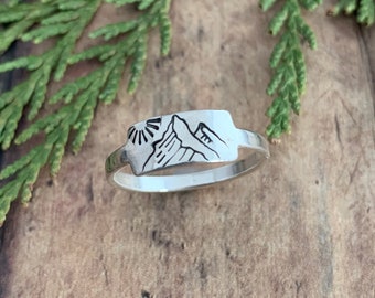 Mountain and Sun Ring, Hand Stamped, Sterling Silver Mountain and Sun Tab Ring