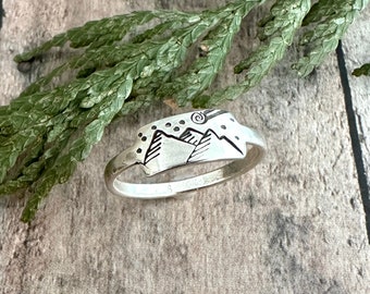 Mountain, Stars and Comet Ring, Hand Stamped, Neowise Comet, Silver Tab Ring