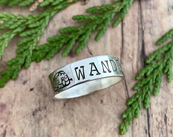 Wander and Camper Trailer Ring, Hand Stamped, Sterling Silver, Camper and Wander Ring